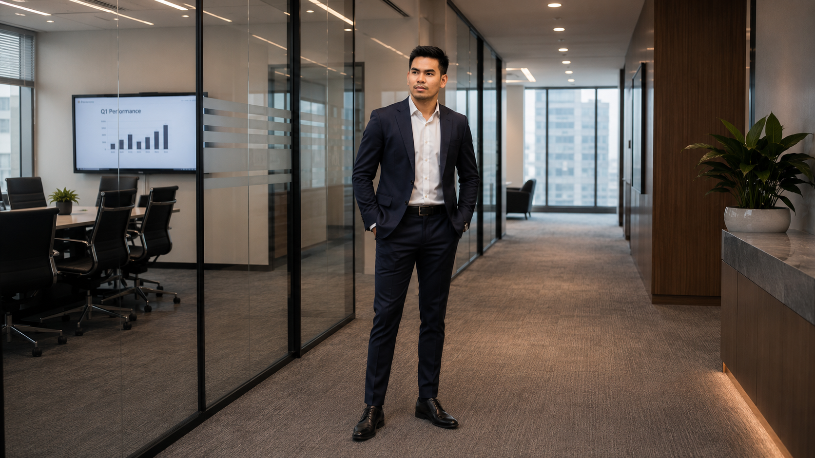 Vonn standing in a modern corporate office corridor