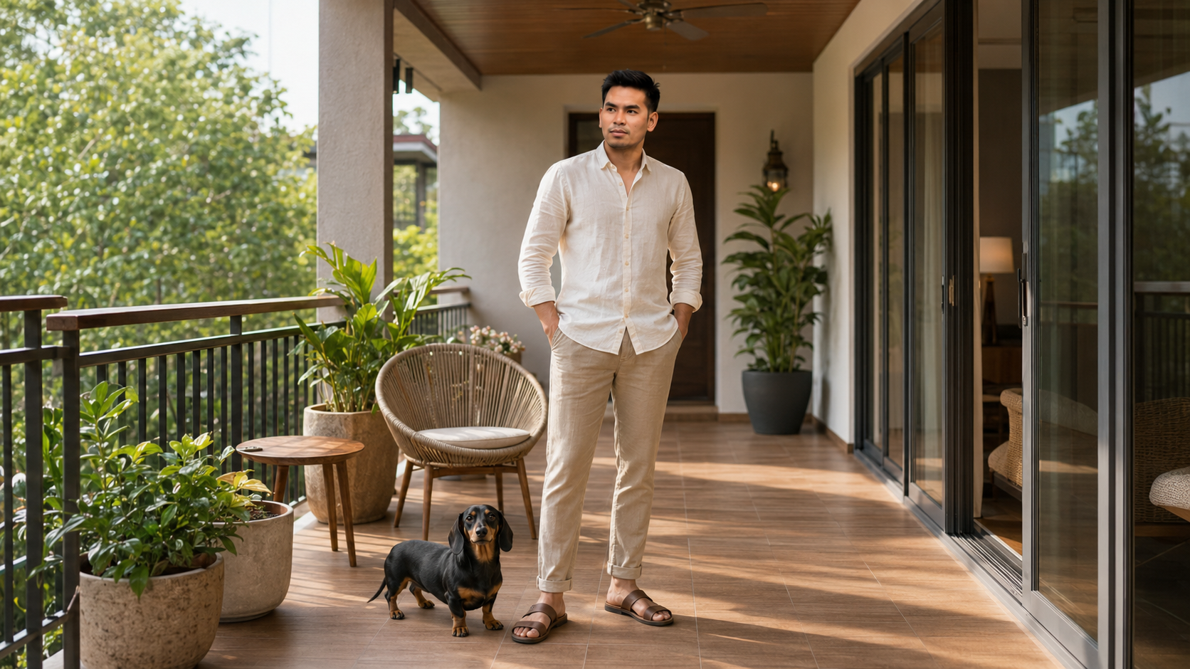 Vonn relaxing at home on a veranda with Vico