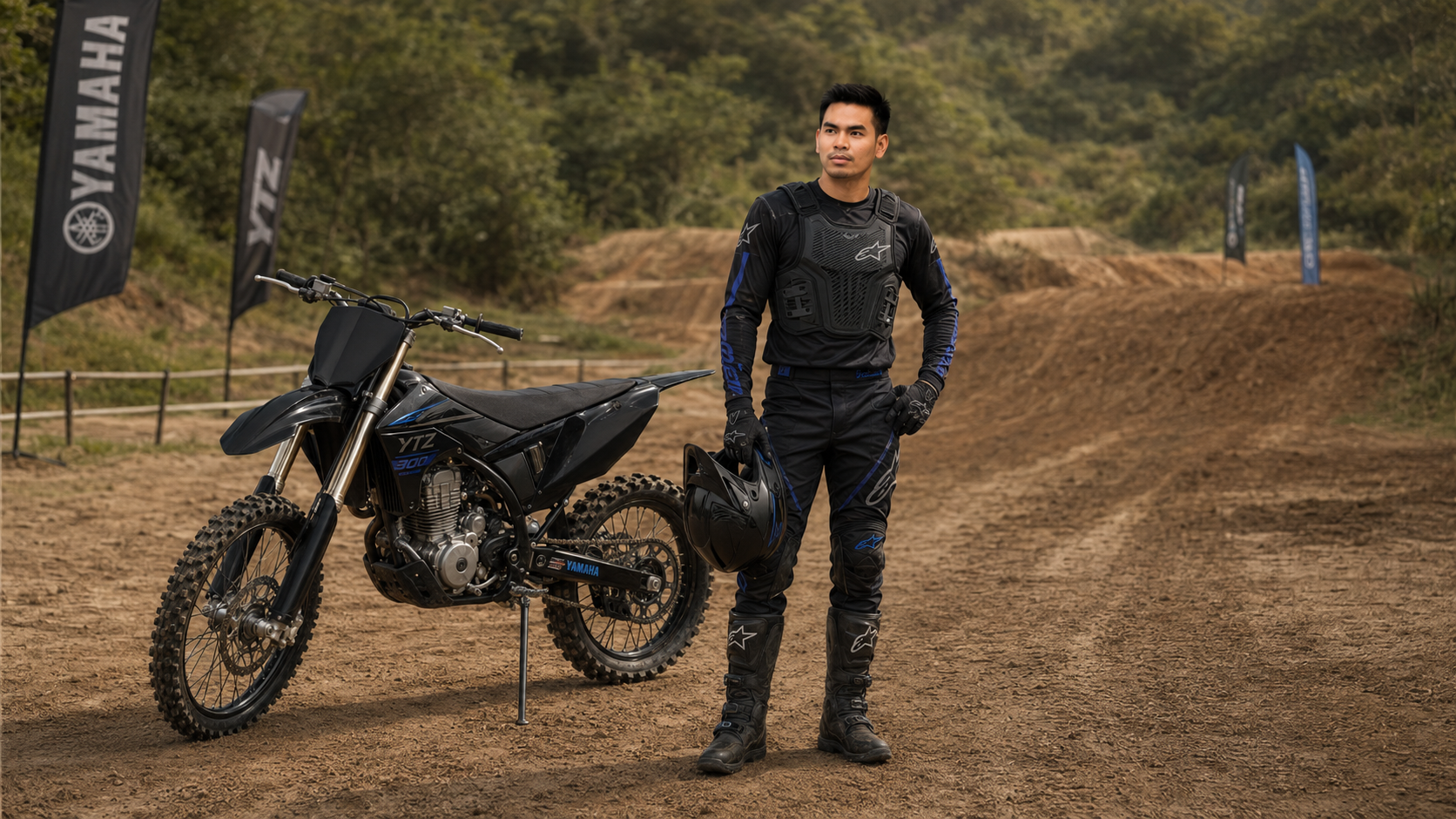Vonn in motocross gear with a Yamaha bike on a dirt track