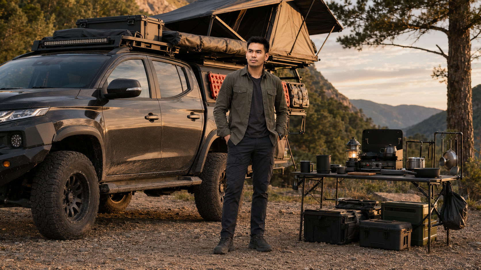 Vonn beside an overlanding vehicle and camp kitchen